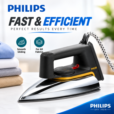 Philips HD1172 Dry Iron 1000W – Lightweight Non-Stick Linished Soleplate, Pointed Slim Tip & Button Groove for Smooth, Fast Ironing